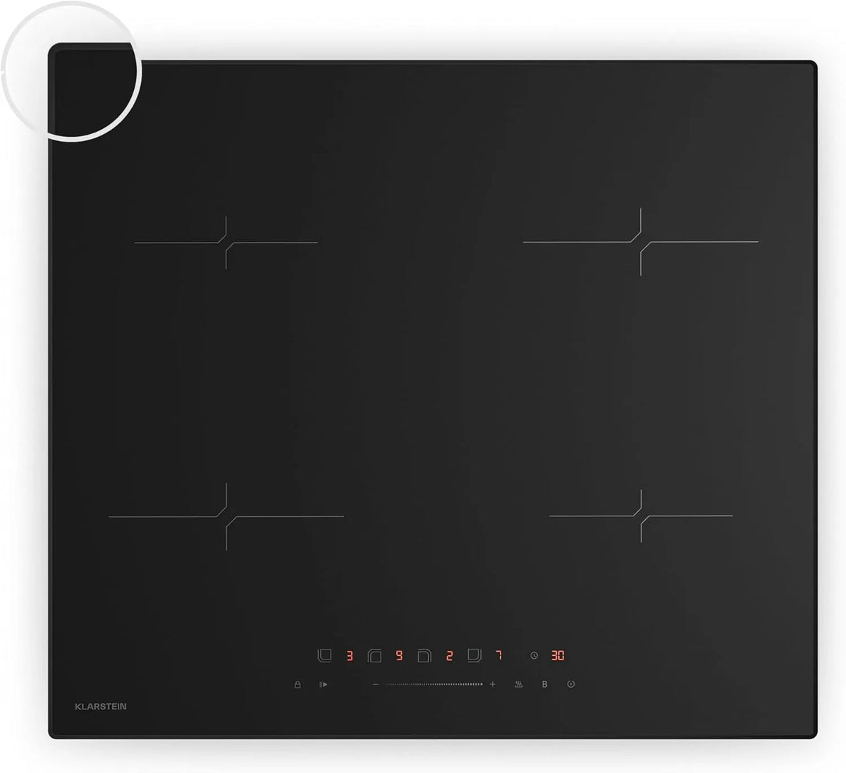 Placa de indução KLARSTEIN Velaire 60 cm - 4 zonas, 7000 W, Touch Control, função de aumento, Temporizador encastrado, Segurança Infantil, Superfície Vitrocerâmica, Elegante preto Design
