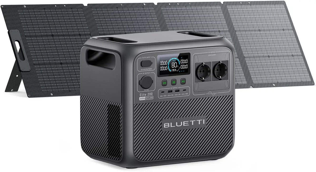 Gerador portátil BLUETTI 200 W com painel solar, 2073 Wh LiFePO4,2 tomadas AC 2600 W, 17 anos de autonomia, ideal para acampar