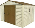 Duramax 10x8 Abrigo de jardim em PVC com janela e base de metal, resistente e manutenção grátis