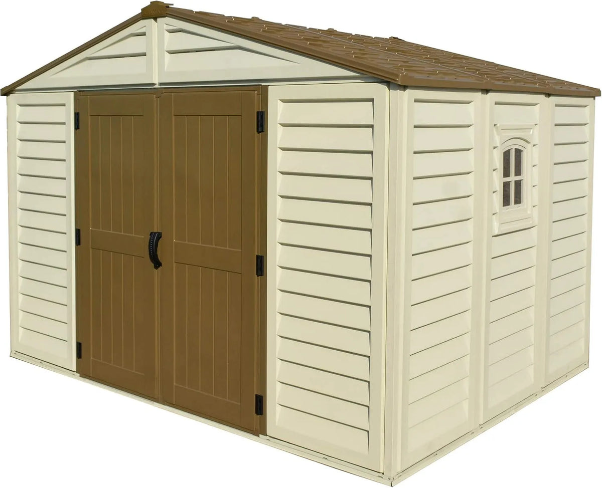 Duramax 10x8 Abrigo de jardim em PVC com janela e base de metal, resistente e manutenção grátis