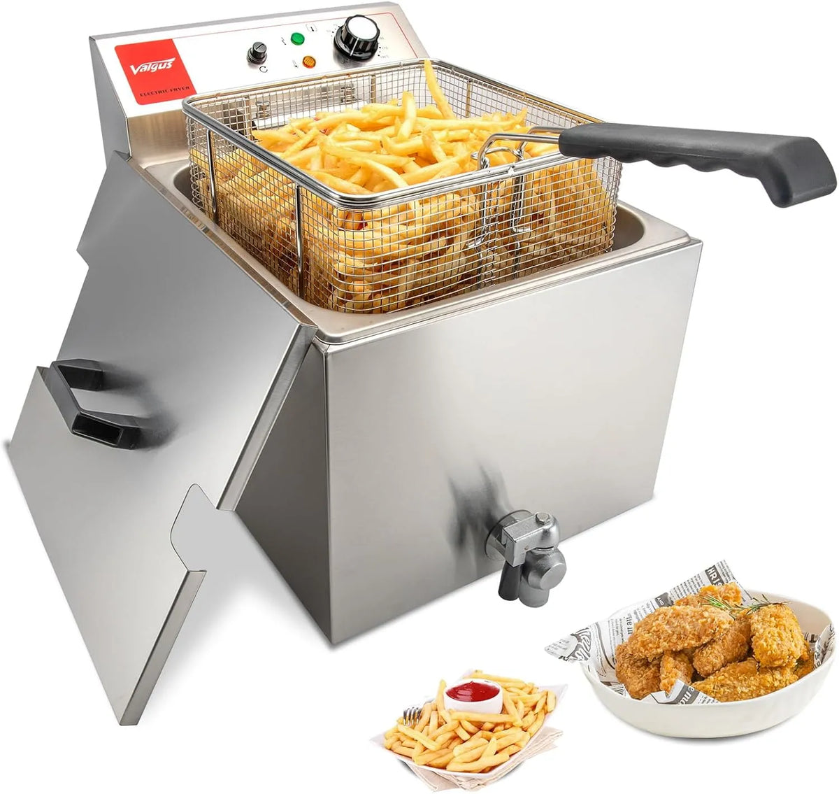 Valgus Frystiller elétrico profissional 3000 W 16 L em aço inoxidável com Vidange, cesta e tampa para uso comercial