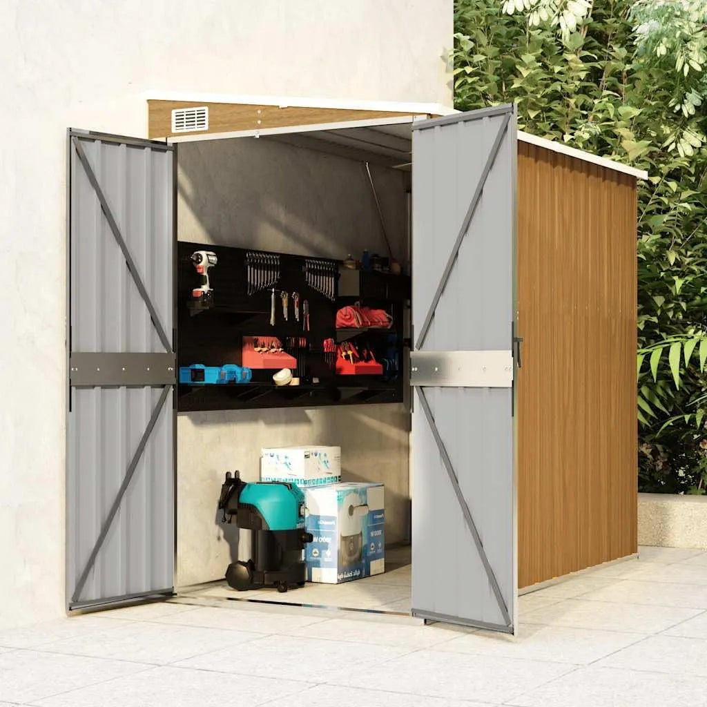 Woonisher Cabine de jardim metálico marrom com piso, 118x194x178 cm, armazenamento para ferramentas e madeira