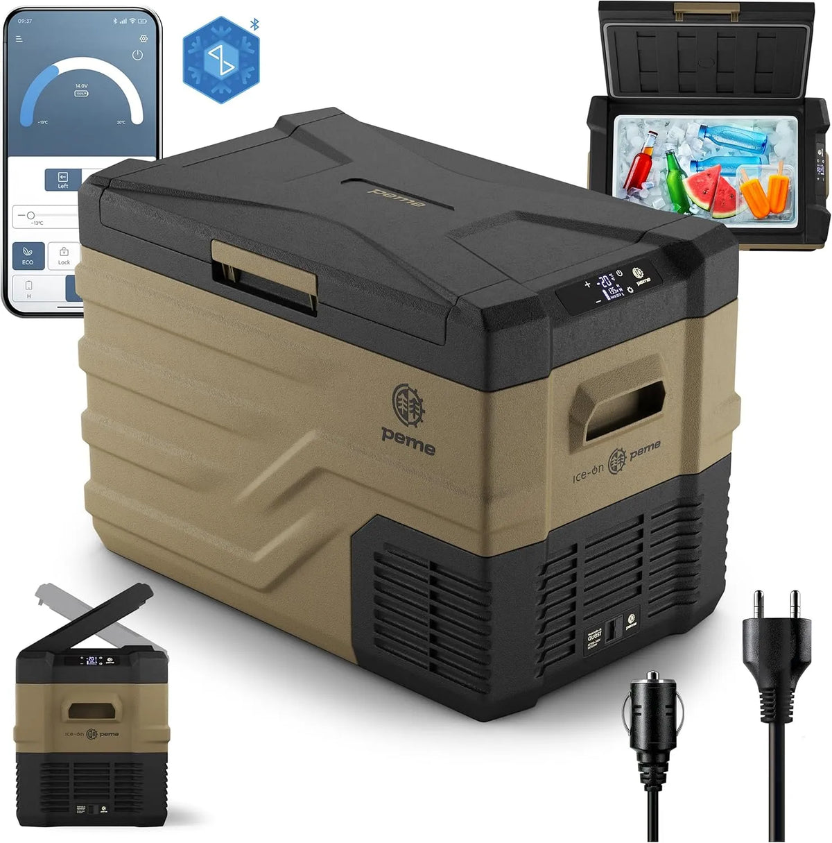 peme Compressor frigorífico 35.3 L com controlo de aplicação, congelamento e aquecimento, 12 V/24 V e alimentação de 100-240 V, ideal para campismo e carro