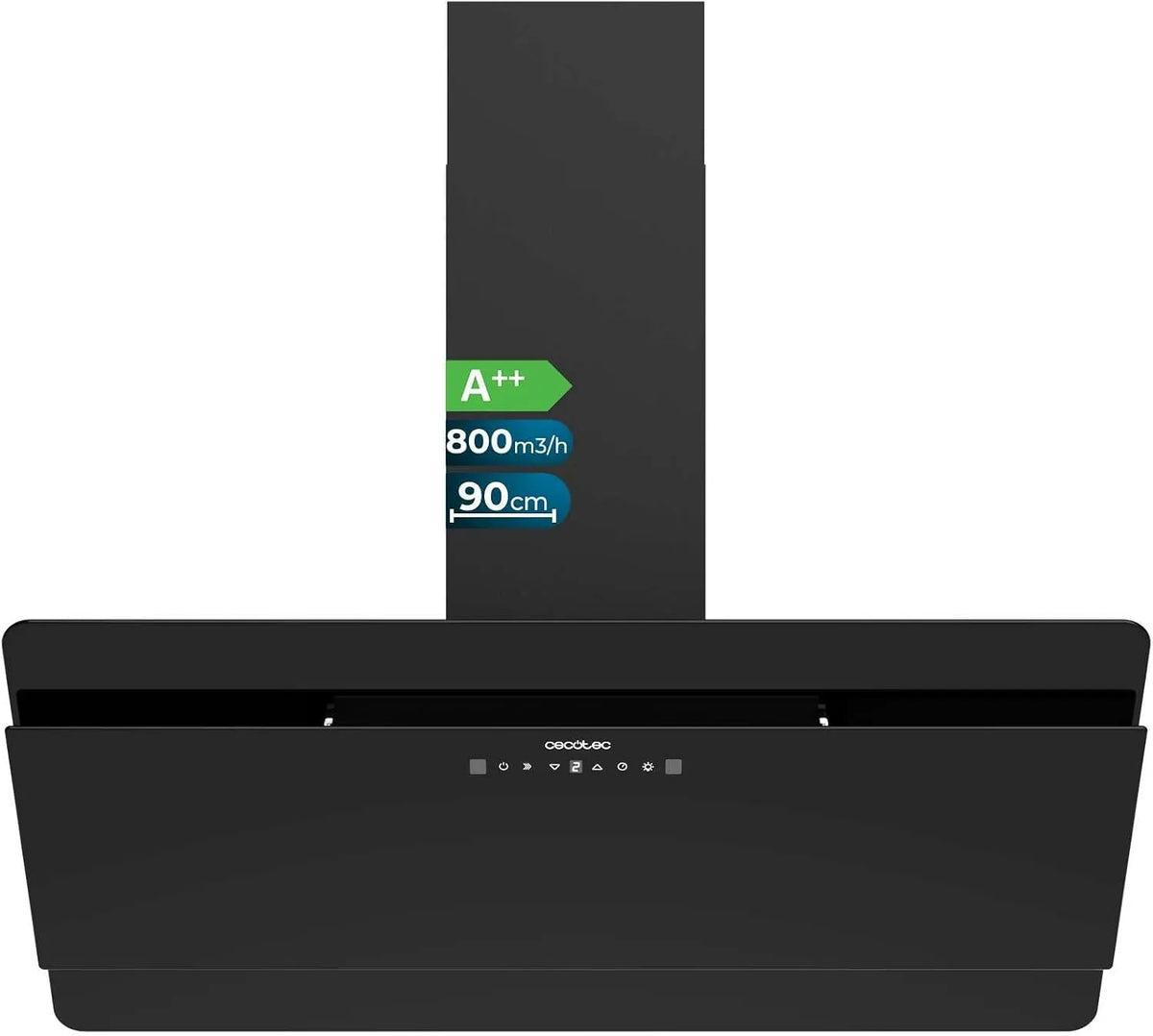 Cecotec Capucho de sucção de vidro preto 90 cm, Eficiência Energética A++, 800 m³/h, comando tátil, Filtro de Carvão