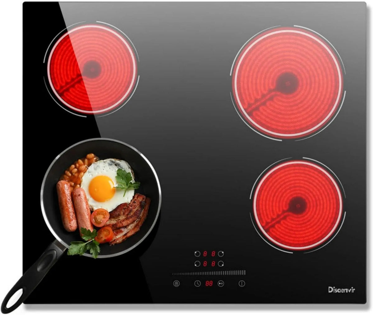 Mesa de cozinha de vidro cerâmico 4 zonas 6000 W, 60 cm, recessos, função de pausa, 9 níveis de potência, temporizador encastrado, segurança infantil, Disaenvir