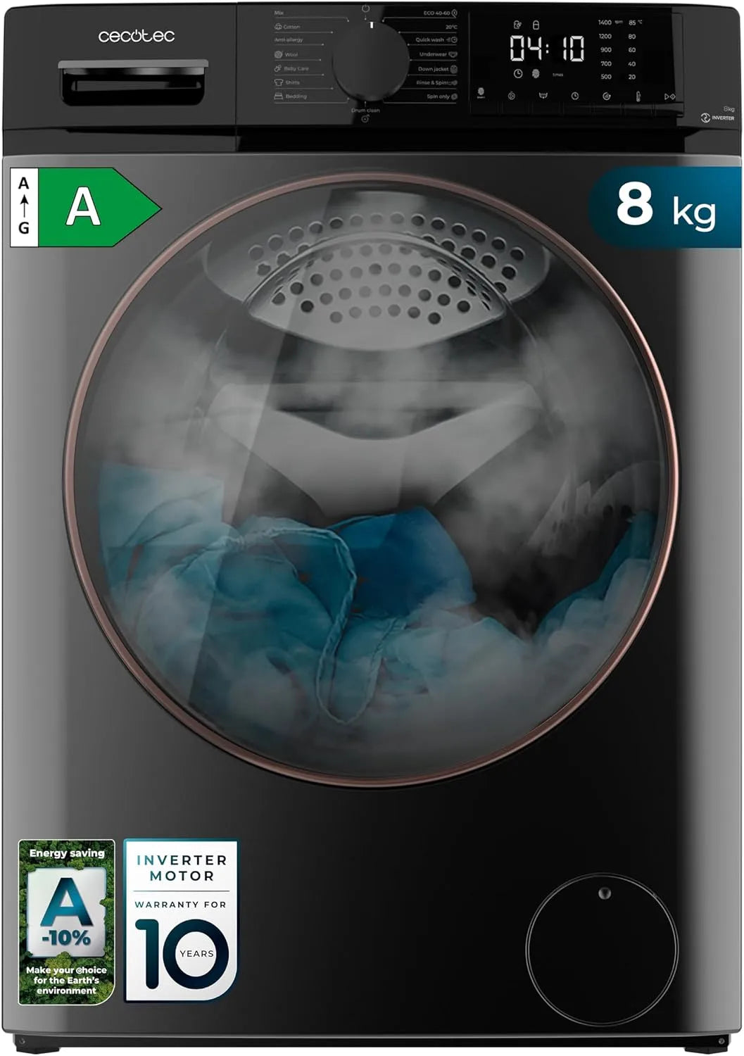 Máquina de lavar roupa Cecotec 8 kg Inversor, 1400 RPM, SteamMax, 15 Programas, Carregando Frontal