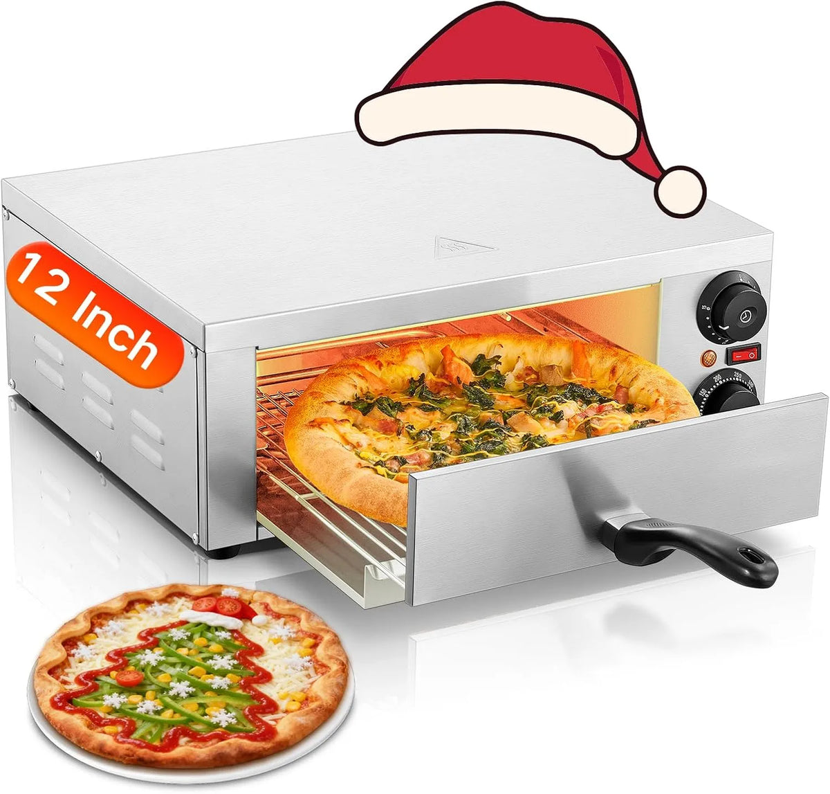 FOHERE Forno de pizza elétrica de mesa em aço inoxidável, 12 polegadas, temperatura máxima 350 °C, temporizador com alarme