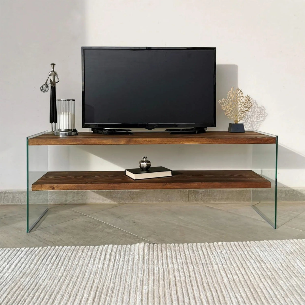 CONCEPT USINE suporte de TV contemporâneo 120 cm em noz e vidro Trempé – Elegante e prático