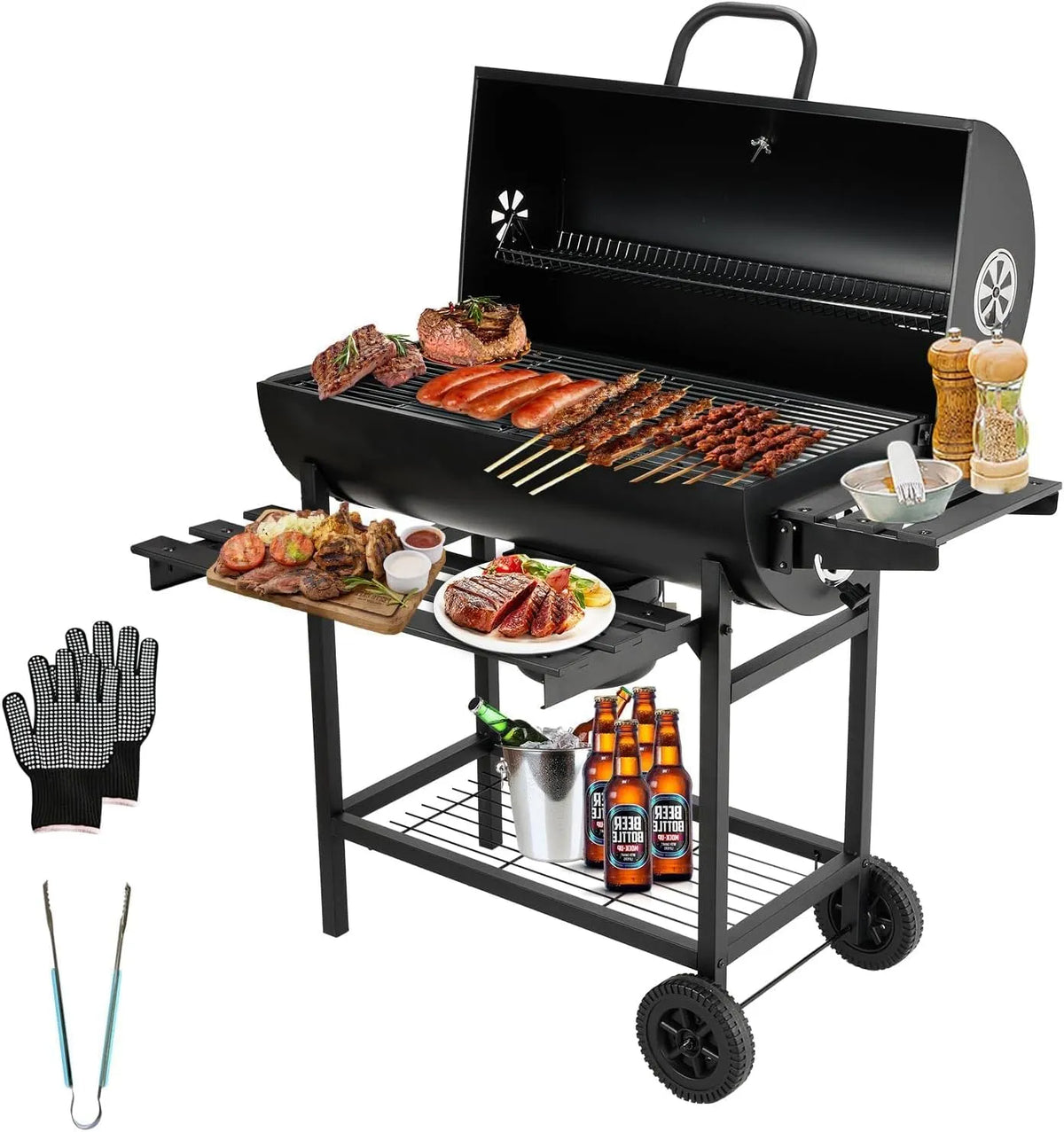 TEENO Wood Coal Grill, XXL com luvas e termômetro incitáveis, puxador de cinzas e ventilação ajustável
