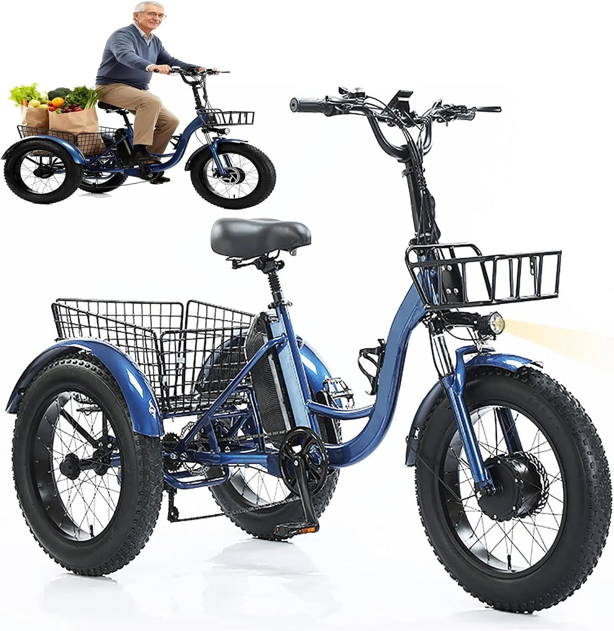 DJFYVAEIO Três rodas bicicleta elétrica adulto com luzes LED, cesta, travões de reagente, carga 150 kg, para 165-195 cm