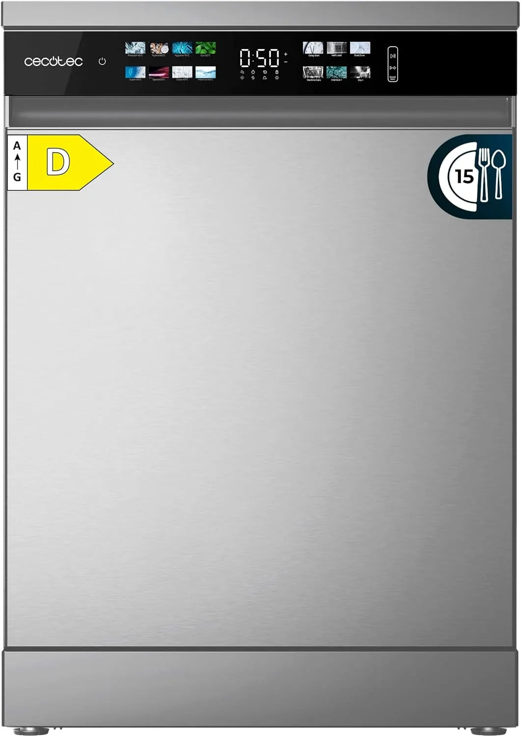 Cecotec Bolero Aguazero 6210 Aço inoxidável, 60 cm, 15 talheres, classe D, ecrã XXL, 14 Programas, Zona Dupla, Aquastop, Secagem Plus, bandeja ajustável, AutoLimpeza