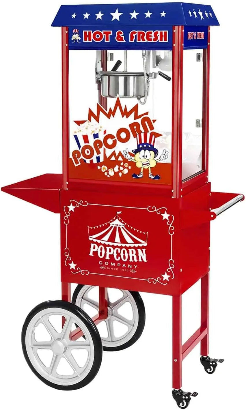 Royal Catering Pipoca 1500 W com Carrinho, Capacidade 5 kg/h, 16 L/h, Copa 18 cm, Revestimento anti-aderente, Vermelho, American Design
