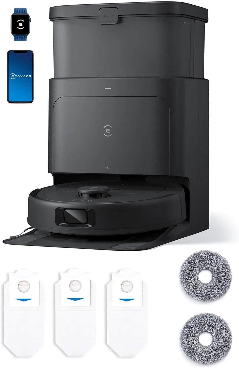 Aspirador de pó e aspirador robô ECOVACS DEEBOT N30 Omni Care, Sucção poderosa 10.000 Pa, Tecnologia Anti-Tângulo, Secagem de Ar Quente, Aspiração automática