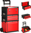 Conjunto de 3 caixas de ferramentas modulares HOMCOM em rodízios com bloqueio, carrinho de aço para oficina e garagem, vermelho