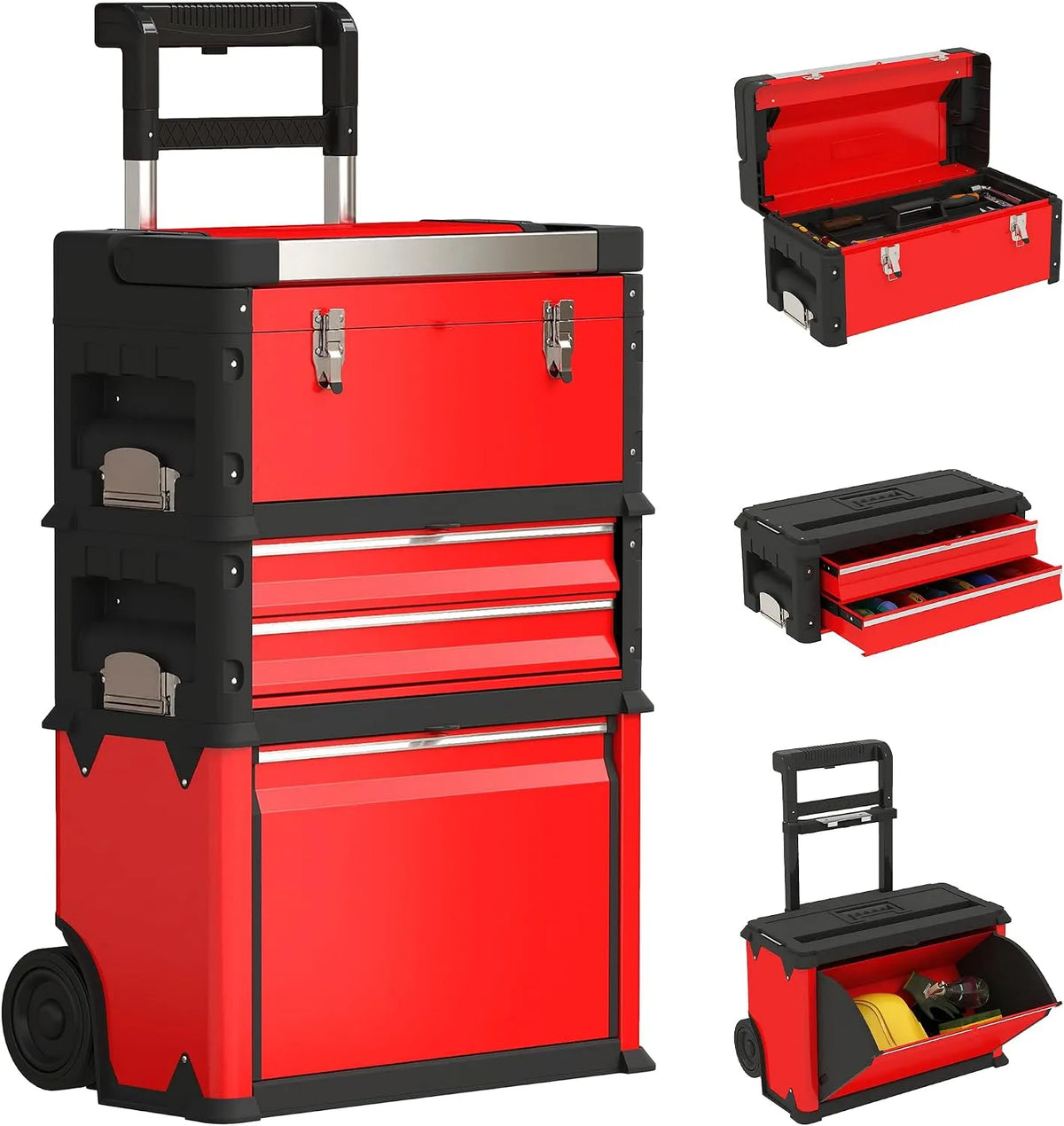 Conjunto de 3 caixas de ferramentas modulares HOMCOM em rodízios com bloqueio, carrinho de aço para oficina e garagem, vermelho