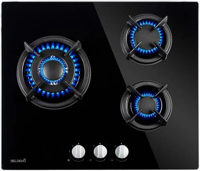 BELDEKO placa a gás 3 queimadores - Vidro temperado preto - Coroa dupla 3300 W - Grelhas de ferro fundido - Built-in 55.3 x 47.3 cm - Garrafa de gás compatível e gás da cidade - Origem França