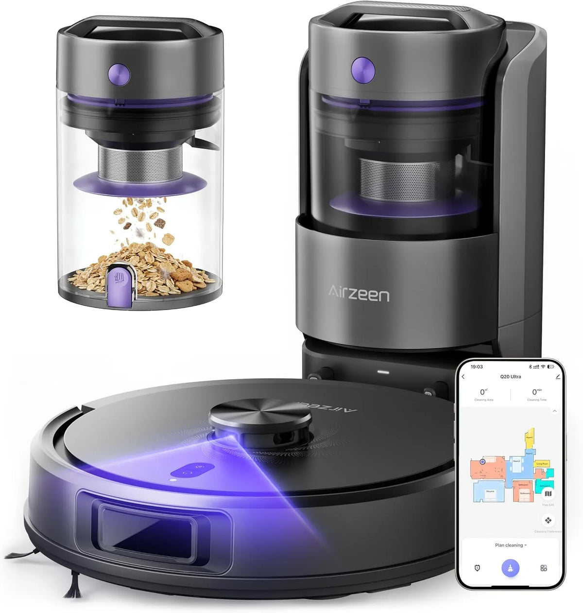 Airzeen Robô aspirador Q20 Ultra: Laser de navegação, 5500 Pa, App Alexa, Autonomia 150 min