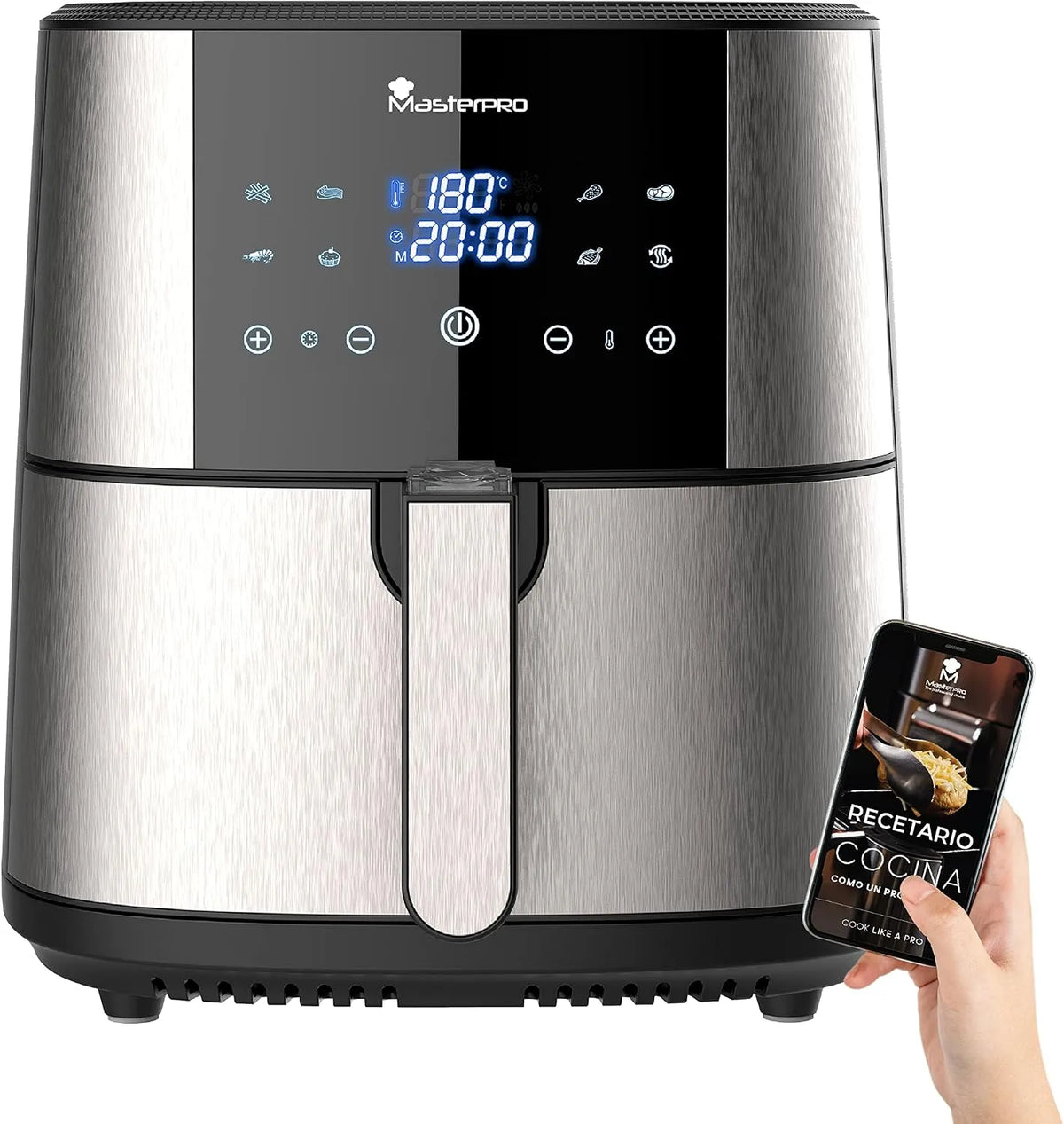 MasterPRO Fritadeira de ar XXL 6 L 1800 W com ecrã LED Tátil e cesta anti-pau