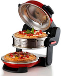 Forno de pizza duplo Ariete 927,5 modos de cozedura, 2 placas refractárias anti-aderente, Lâminas de madeira incluídas, até 400 °C, termostatos independentes, diâmetro 32 cm, 2300 W, vermelho