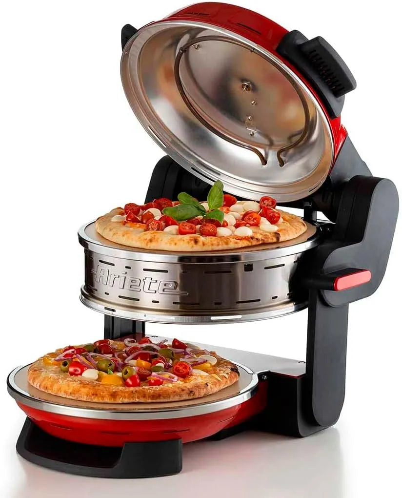 Forno de pizza duplo Ariete 927,5 modos de cozedura, 2 placas refractárias anti-aderente, Lâminas de madeira incluídas, até 400 °C, termostatos independentes, diâmetro 32 cm, 2300 W, vermelho