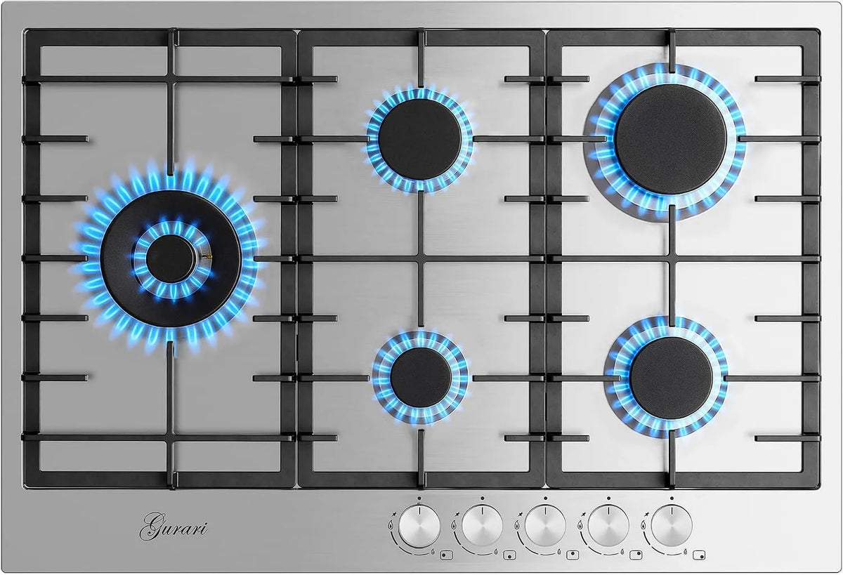 Gurari Tabela de cozinha a gás 75 cm Aço inoxidável com 5 zonas, WOK potência 4.0 KW